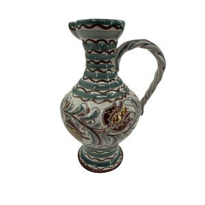 Handcrafted Ceramic Pitcher Vase‎ Handle Swirl Patterns American zone of Germany